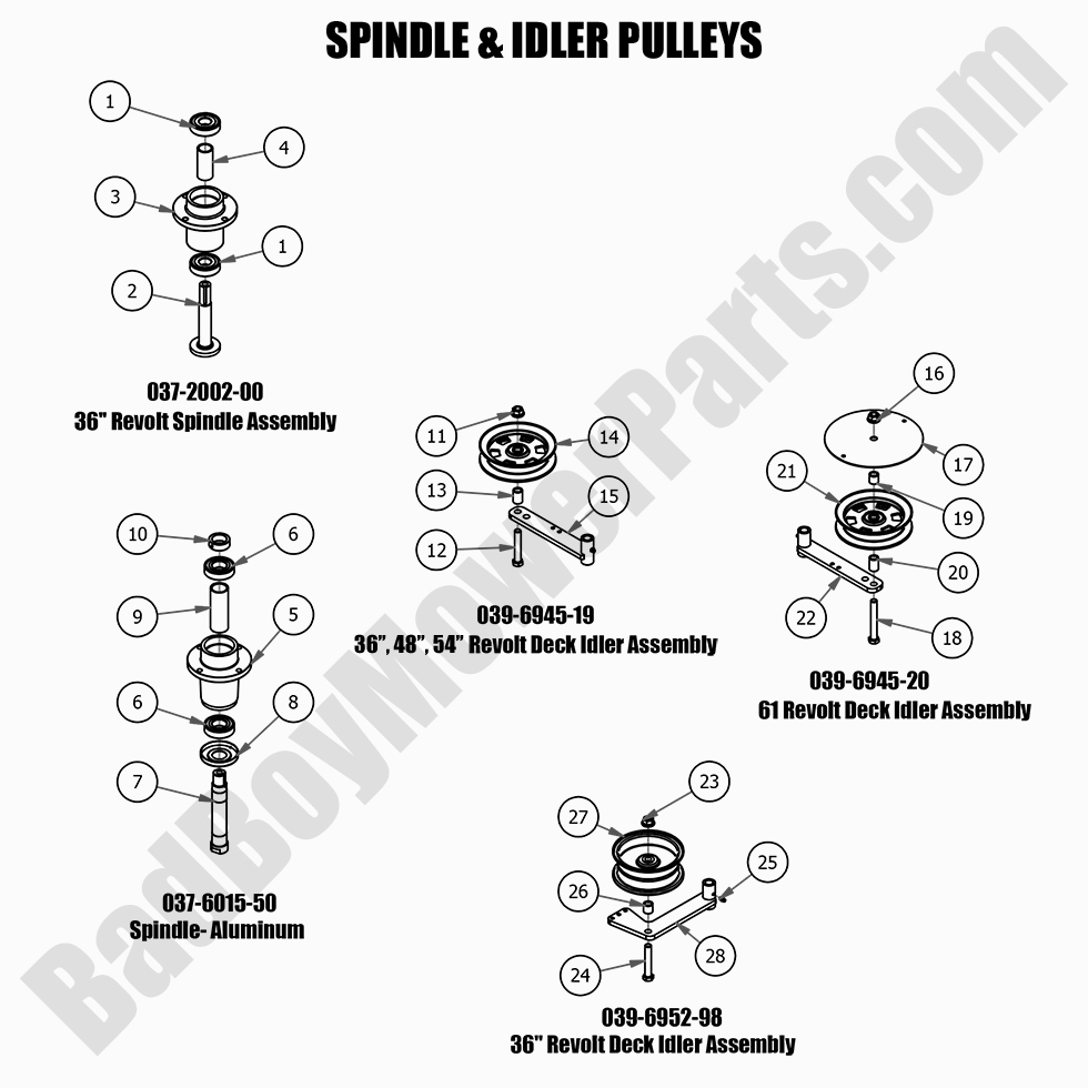 2656 - Bad Boy Mower Parts Lookup > 2021 > Revolt > Spindle & Idler Pulleys